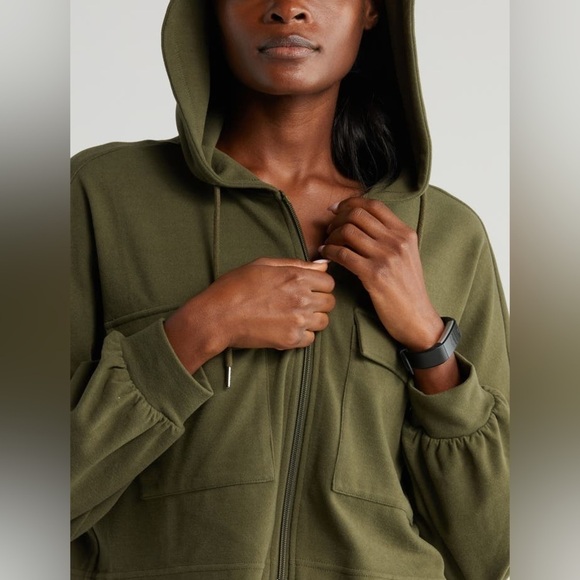 Zella Weekend Organic Cotton Stretch Hoodie Utility Zip Jacket green Sz S $69 - Picture 4 of 9